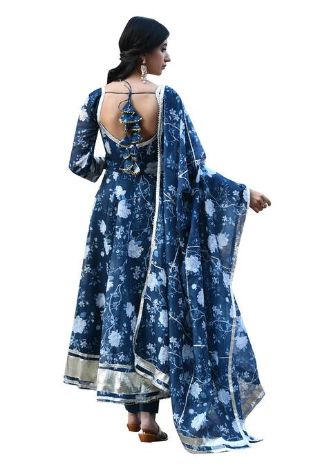 Suti Kapda_Blue Chanderi Embroidery, Gota Patti Asymmetric Floral Pattern Anarkali Pant Set_Online_at_Aza_Fashions
