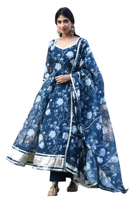 Shop_Suti Kapda_Blue Chanderi Embroidery, Gota Patti Asymmetric Floral Pattern Anarkali Pant Set_Online_at_Aza_Fashions
