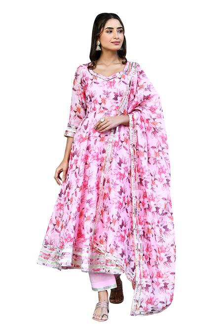 Suti Kapda_Pink Chanderi Embroidery, Gota Patti Asymmetric Flower Pattern Anarkali Pant Set_Online_at_Aza_Fashions