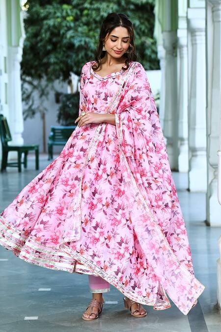 Buy_Suti Kapda_Pink Chanderi Embroidery, Gota Patti Asymmetric Flower Pattern Anarkali Pant Set_Online_at_Aza_Fashions