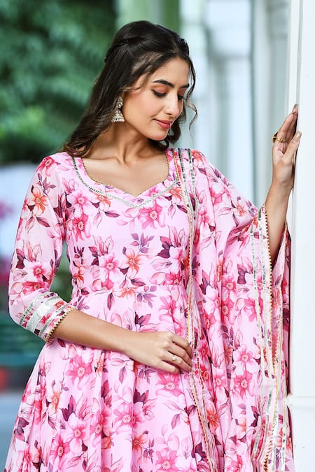 Shop_Suti Kapda_Pink Chanderi Embroidery, Gota Patti Asymmetric Flower Pattern Anarkali Pant Set_Online_at_Aza_Fashions