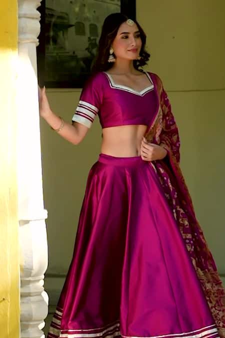 Shop Suti Kapda Purple Taffeta, Silk Gota Patti, Embroidery Detailed Sleeve Blouse Lehenga Set at Aza Fashions Shop_Suti Kapda_Purple Taffeta, Silk Gota Patti, Embroidery Detailed Sleeve Blouse Lehenga Set_at_Aza_Fashions