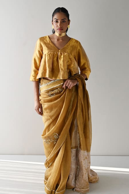 Shop_Shorshe Clothing_Gold Crepe Beads, Sequins, Lace Hand Embroidered Woven Saree _at_Aza_Fashions