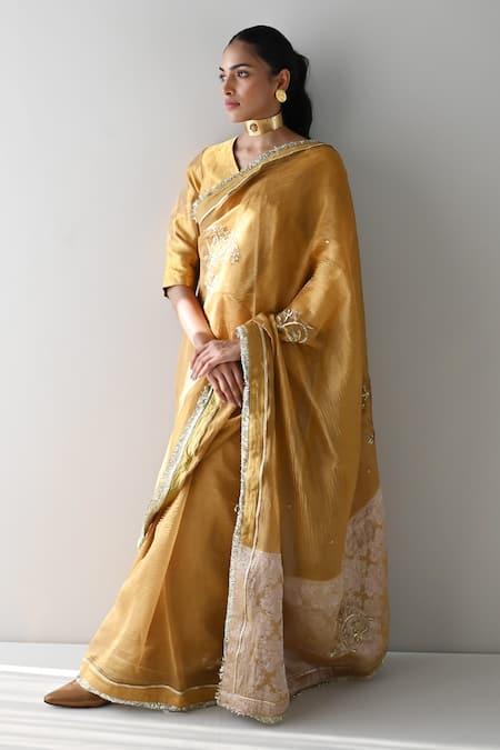 Shorshe Clothing_Gold Crepe Beads, Sequins, Lace Hand Embroidered Woven Saree _Online_at_Aza_Fashions