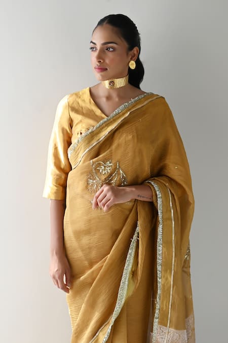 Buy_Shorshe Clothing_Gold Crepe Beads, Sequins, Lace Hand Embroidered Woven Saree _Online_at_Aza_Fashions