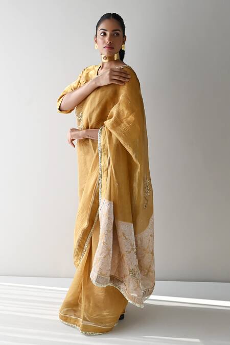 Shop_Shorshe Clothing_Gold Crepe Beads, Sequins, Lace Hand Embroidered Woven Saree _Online_at_Aza_Fashions