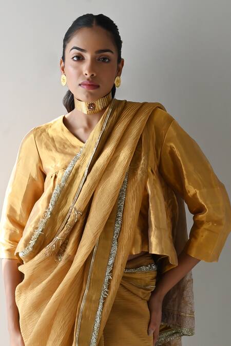 Shorshe Clothing_Gold Crepe Beads, Sequins, Lace Hand Embroidered Woven Saree _at_Aza_Fashions