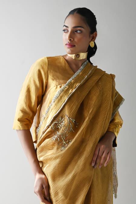 Buy_Shorshe Clothing_Gold Crepe Beads, Sequins, Lace Hand Embroidered Woven Saree 