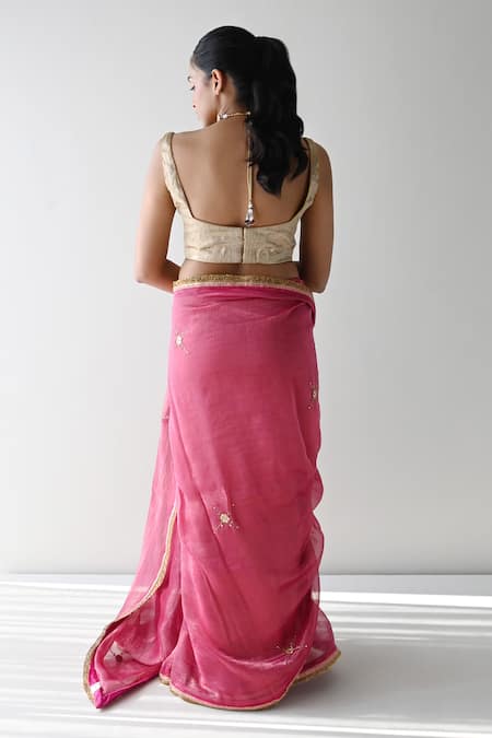 Shop_Shorshe Clothing_Gold Brocade, Satin Scoop Neck Plunge Back Saree Blouse _at_Aza_Fashions