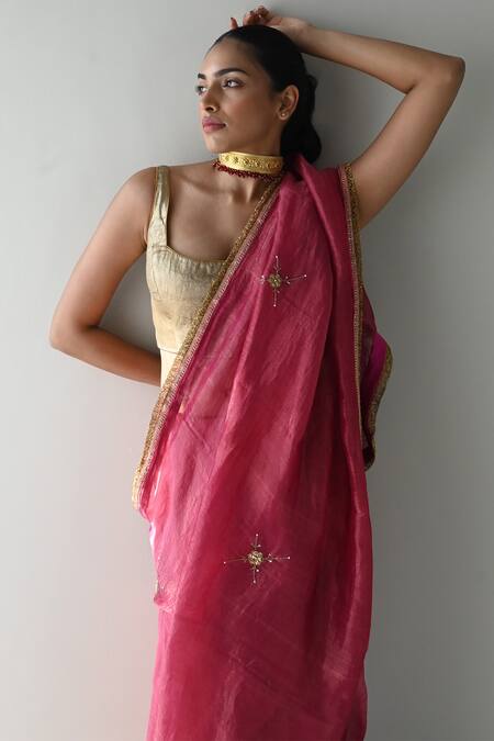 Shorshe Clothing_Gold Brocade, Satin Scoop Neck Plunge Back Saree Blouse _Online_at_Aza_Fashions
