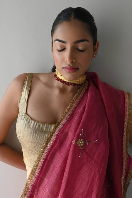 Buy_Shorshe Clothing_Gold Brocade, Satin Scoop Neck Plunge Back Saree Blouse _Online_at_Aza_Fashions