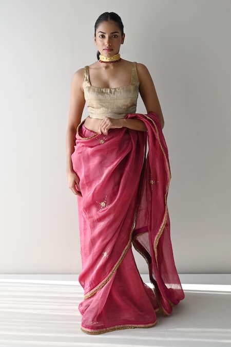 Shop_Shorshe Clothing_Gold Brocade, Satin Scoop Neck Plunge Back Saree Blouse _Online_at_Aza_Fashions