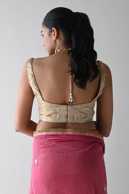 Shorshe Clothing_Gold Brocade, Satin Scoop Neck Plunge Back Saree Blouse _at_Aza_Fashions