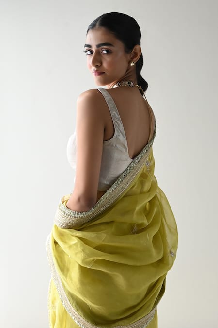 Shop_Shorshe Clothing_Silver Brocade, Satin Scoop Neck Saree Blouse _at_Aza_Fashions