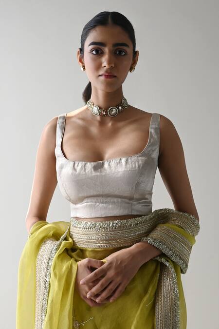 Buy_Shorshe Clothing_Silver Brocade, Satin Scoop Neck Saree Blouse _Online_at_Aza_Fashions