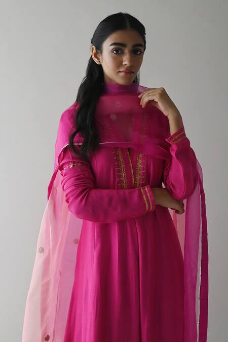 Shop_Shorshe Clothing_Pink Organza Lace, Patchwork Trim Detailed Ombre Dupatta _Online_at_Aza_Fashions