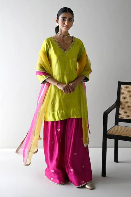 Shorshe Clothing Green Silk Brocade Woven Flower V Neck Anu Kurta And Sharara Set 