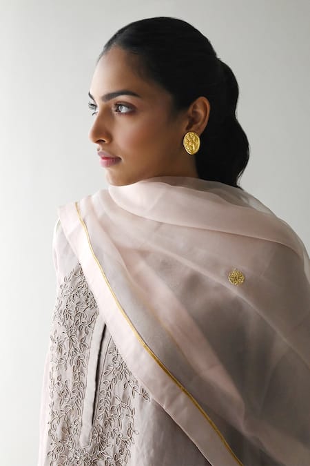 Shop_Shorshe Clothing_Beige Handloom Cotton Embroidery Split V-neck Zardozi Kurta And Pant Set_Online_at_Aza_Fashions