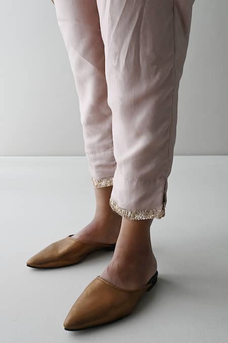 Shorshe Clothing_Beige Handloom Cotton Embroidery Split V-neck Zardozi Kurta And Pant Set_at_Aza_Fashions