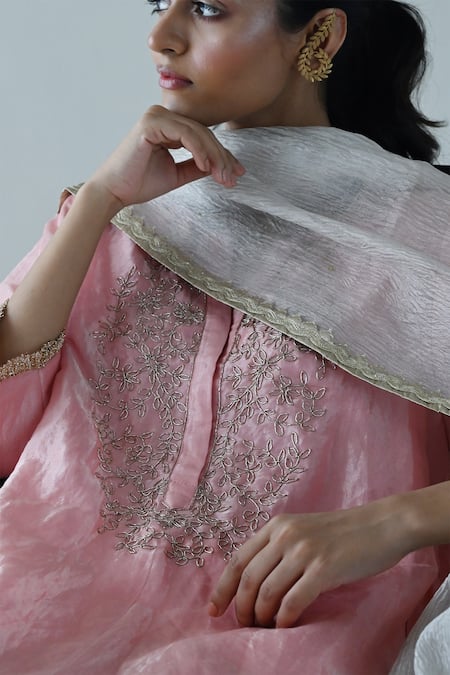 Shorshe Clothing_Pink Handloom Cotton Zari Split V-neck Zardozi Yoke Embroidered Kurta And Pant Set _Online_at_Aza_Fashions