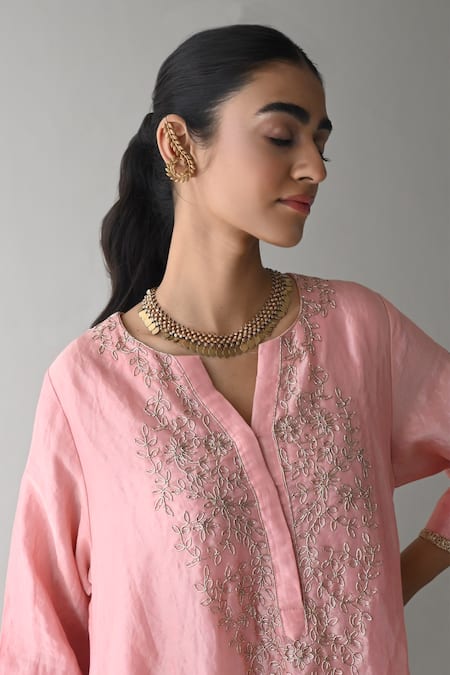 Buy_Shorshe Clothing_Pink Handloom Cotton Zari Split V-neck Zardozi Yoke Embroidered Kurta And Pant Set _Online_at_Aza_Fashions