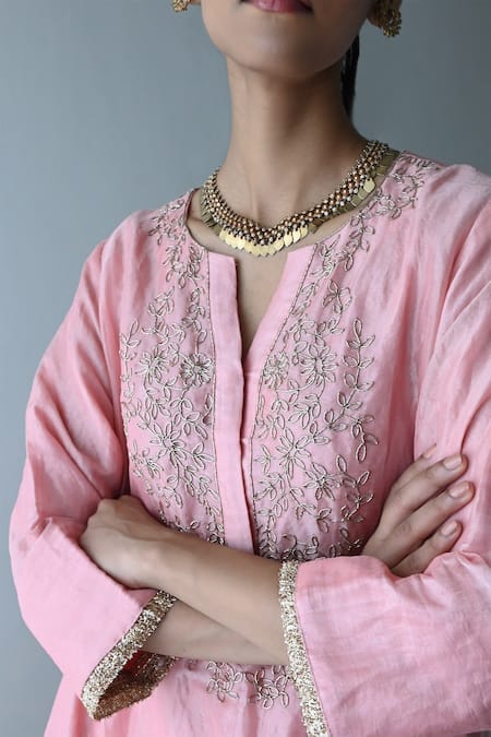 Shop_Shorshe Clothing_Pink Handloom Cotton Zari Split V-neck Zardozi Yoke Embroidered Kurta And Pant Set _Online_at_Aza_Fashions