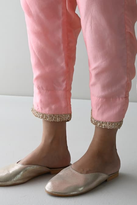 Shorshe Clothing_Pink Handloom Cotton Zari Split V-neck Zardozi Yoke Embroidered Kurta And Pant Set _at_Aza_Fashions