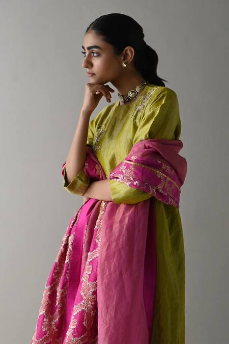 Shorshe Clothing_Pink Brocade, Handloom Cotton Embroidery Floral Woven Dupatta_Online_at_Aza_Fashions