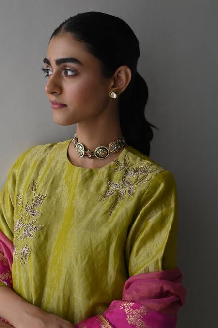 Shop_Shorshe Clothing_Pink Brocade, Handloom Cotton Embroidery Floral Woven Dupatta_Online_at_Aza_Fashions