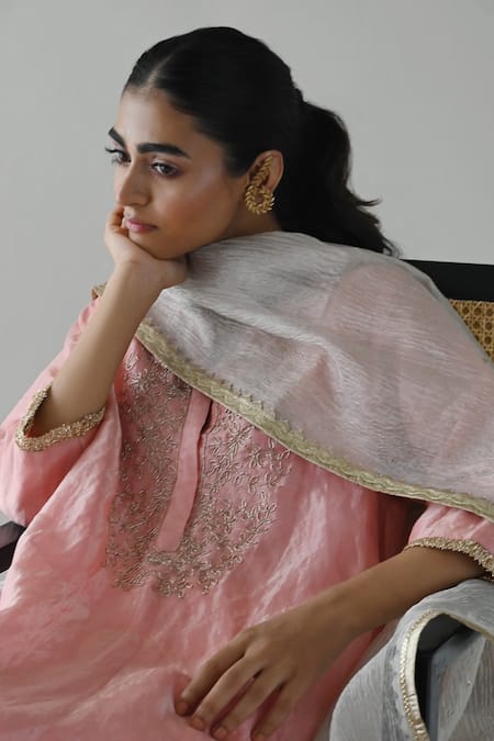 Shop_Shorshe Clothing_Silver Crepe Gota Patti Lace Work Bordered Dupatta _Online_at_Aza_Fashions