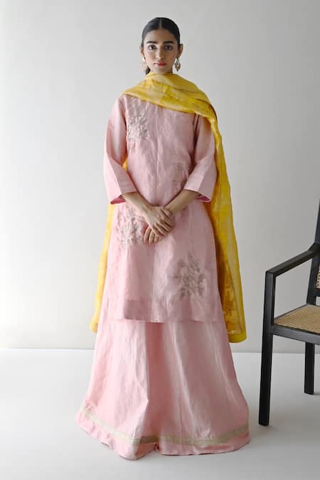 Shop_Shorshe Clothing_Yellow Brocade, Handloom Cotton Embroidery Botanical Woven Dupatta _at_Aza_Fashions