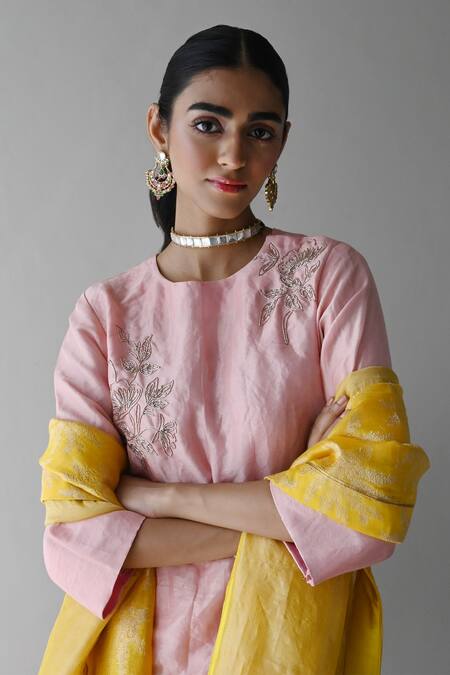 Shorshe Clothing_Yellow Brocade, Handloom Cotton Embroidery Botanical Woven Dupatta _Online_at_Aza_Fashions