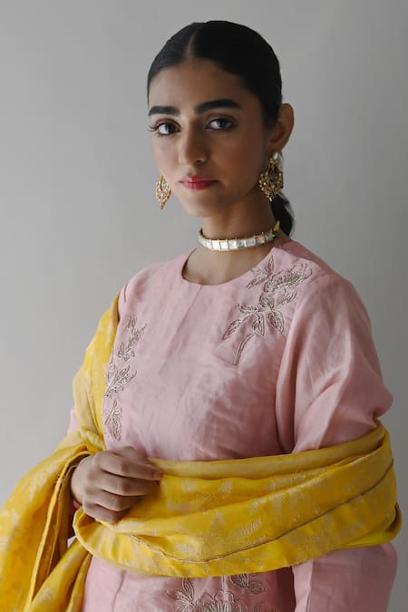 Buy_Shorshe Clothing_Yellow Brocade, Handloom Cotton Embroidery Botanical Woven Dupatta _Online_at_Aza_Fashions