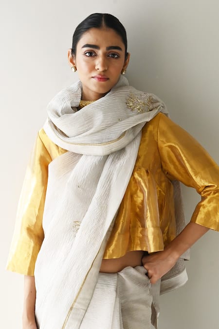 Buy_Shorshe Clothing_Gold Handloom Cotton V-neck Tissue Saree Blouse _Online_at_Aza_Fashions
