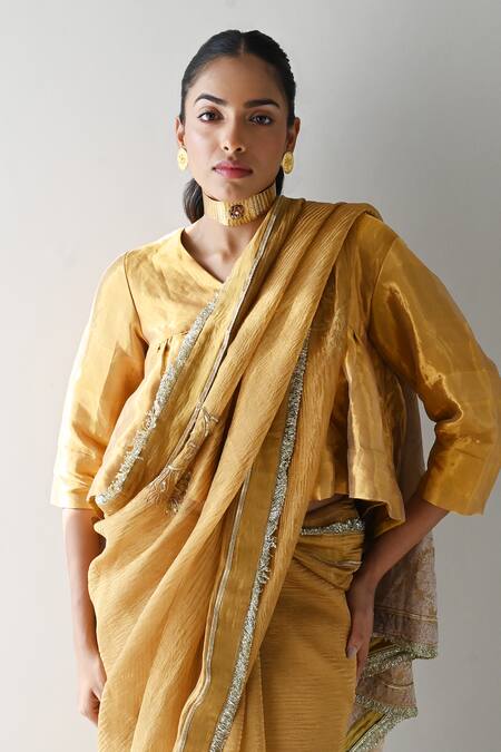 Shorshe Clothing_Gold Handloom Cotton V-neck Tissue Saree Blouse _at_Aza_Fashions