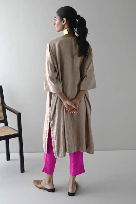 Shop_Shorshe Clothing_Beige Brocade, Silk Split V-neck Checkered Woven Kurta And Pant Set _at_Aza_Fashions