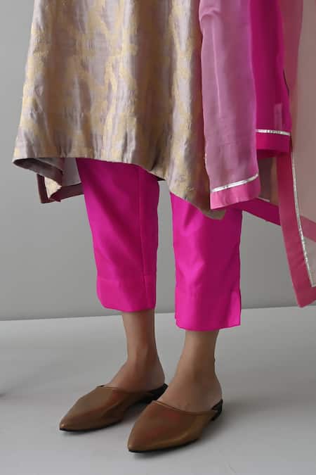 Buy_Shorshe Clothing_Beige Brocade, Silk Split V-neck Checkered Woven Kurta And Pant Set _Online_at_Aza_Fashions