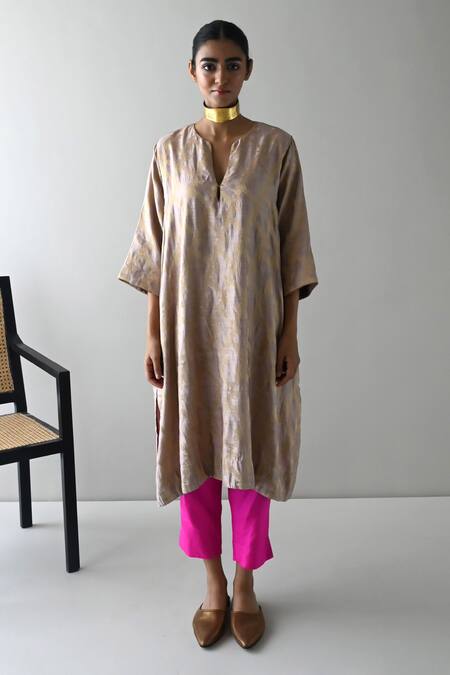 Shop_Shorshe Clothing_Beige Brocade, Silk Split V-neck Checkered Woven Kurta And Pant Set _Online_at_Aza_Fashions