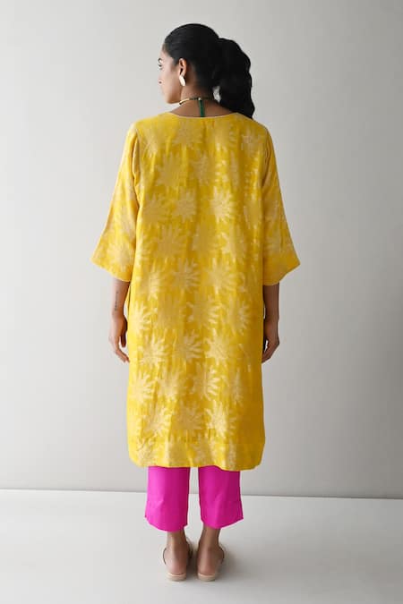 Shop_Shorshe Clothing_Yellow Brocade, Silk, Satin Embroidery Split Florette Woven Kurta And Pant Set _at_Aza_Fashions
