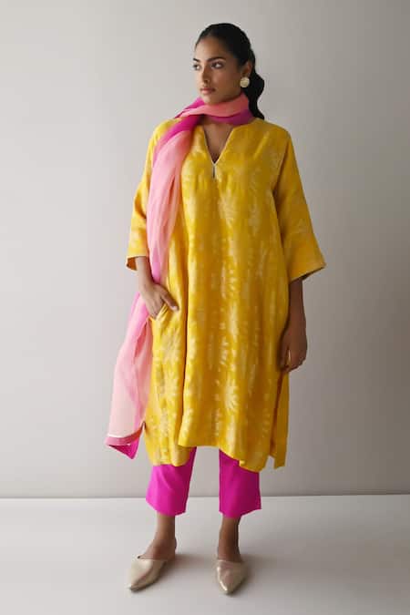 Shorshe Clothing_Yellow Brocade, Silk, Satin Embroidery Split Florette Woven Kurta And Pant Set _Online_at_Aza_Fashions