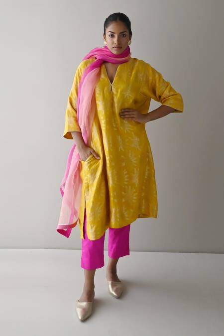Buy_Shorshe Clothing_Yellow Brocade, Silk, Satin Embroidery Split Florette Woven Kurta And Pant Set _Online_at_Aza_Fashions
