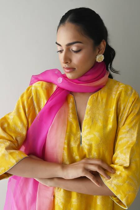 Shop_Shorshe Clothing_Yellow Brocade, Silk, Satin Embroidery Split Florette Woven Kurta And Pant Set _Online_at_Aza_Fashions