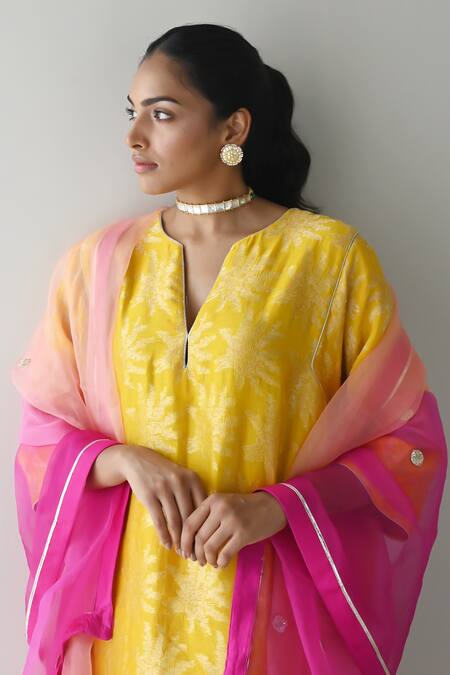 Shorshe Clothing_Yellow Brocade, Silk, Satin Embroidery Split Florette Woven Kurta And Pant Set _at_Aza_Fashions