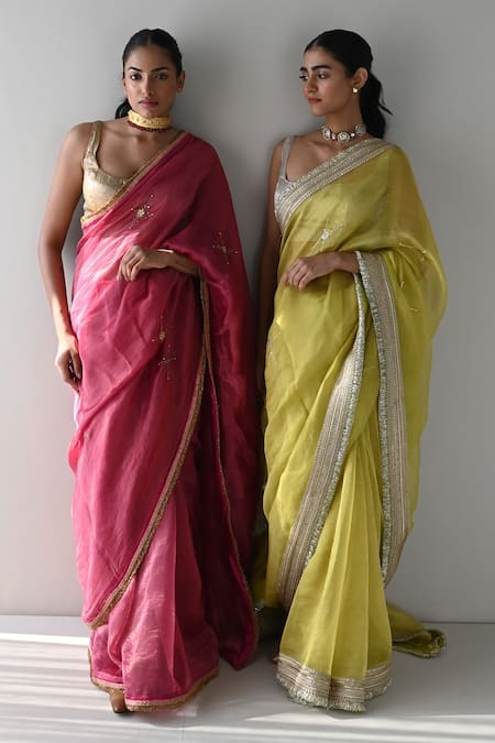Shorshe Clothing_Green Chanderi Silk, Tissue Cut Work, Sequins Sati And Hand Embroidered Saree _Online_at_Aza_Fashions