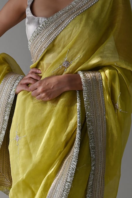 Shop_Shorshe Clothing_Green Chanderi Silk, Tissue Cut Work, Sequins Sati And Hand Embroidered Saree _Online_at_Aza_Fashions