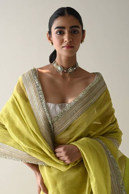 Shorshe Clothing_Green Chanderi Silk, Tissue Cut Work, Sequins Sati And Hand Embroidered Saree _at_Aza_Fashions
