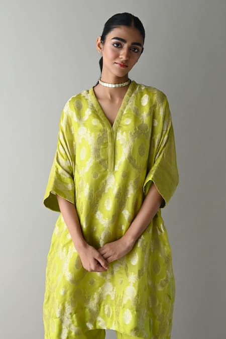 Shorshe Clothing_Green Brocade, Tissue, Silk, Linen Embroidery Shahi Tunic With Cigarette Pant _Online_at_Aza_Fashions