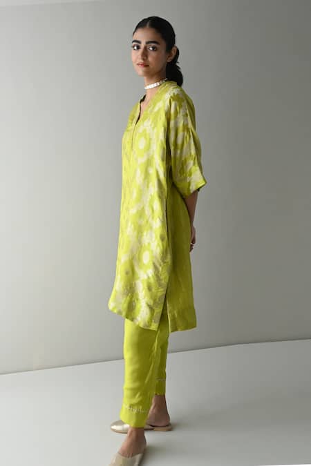 Buy_Shorshe Clothing_Green Brocade, Tissue, Silk, Linen Embroidery Shahi Tunic With Cigarette Pant _Online_at_Aza_Fashions