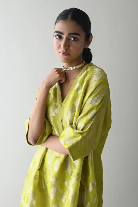 Shop_Shorshe Clothing_Green Brocade, Tissue, Silk, Linen Embroidery Shahi Tunic With Cigarette Pant _Online_at_Aza_Fashions