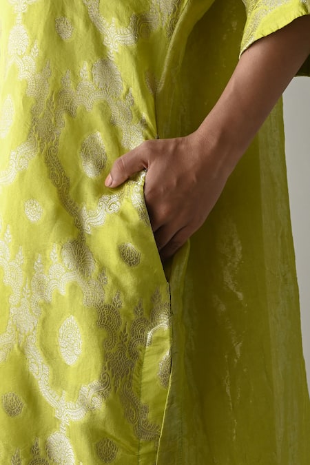Shorshe Clothing_Green Brocade, Tissue, Silk, Linen Embroidery Shahi Tunic With Cigarette Pant _at_Aza_Fashions